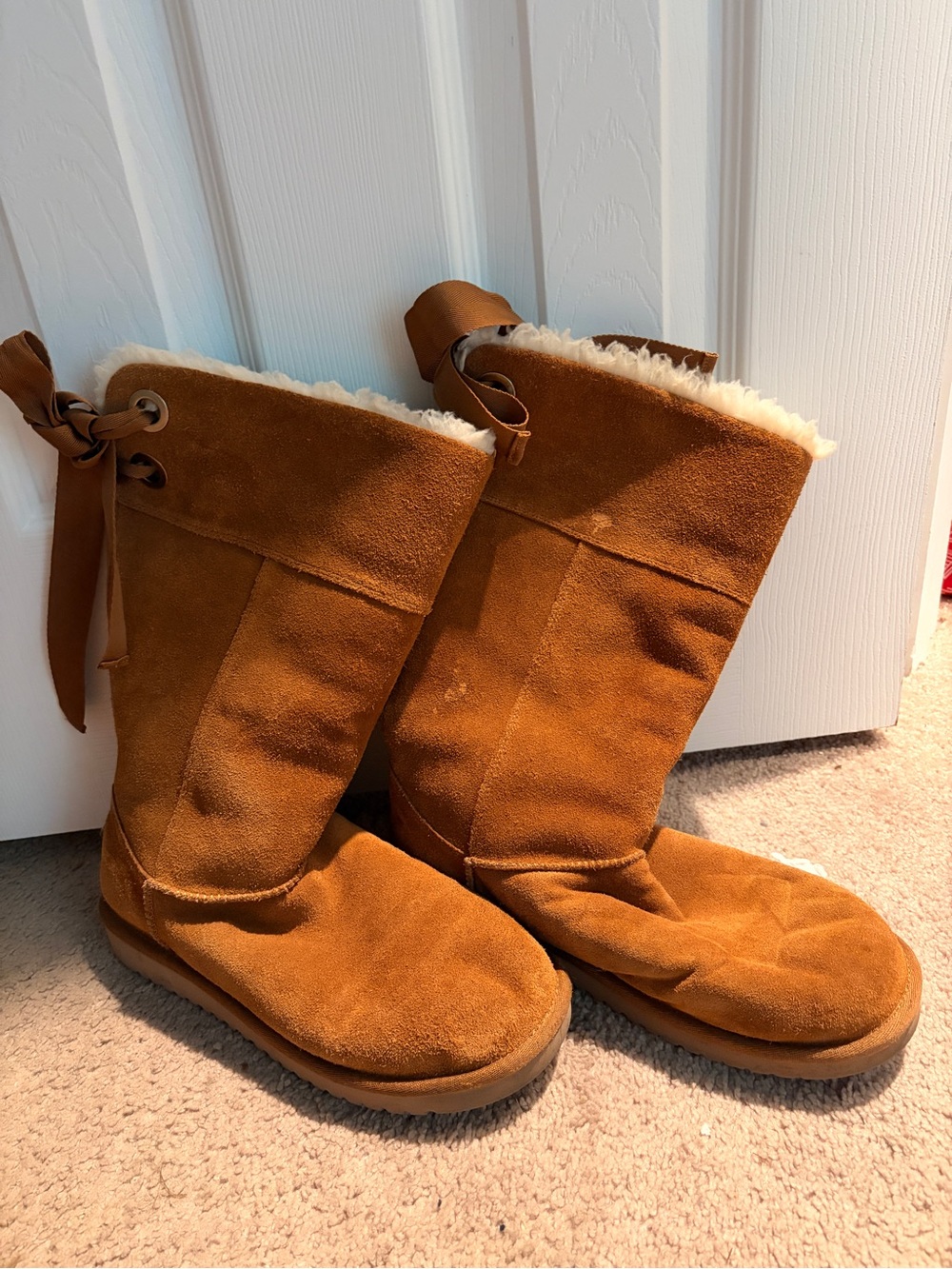 Koolaburra Chestnut Suede Mid-Calf Shearling Boots with Back Ribbon